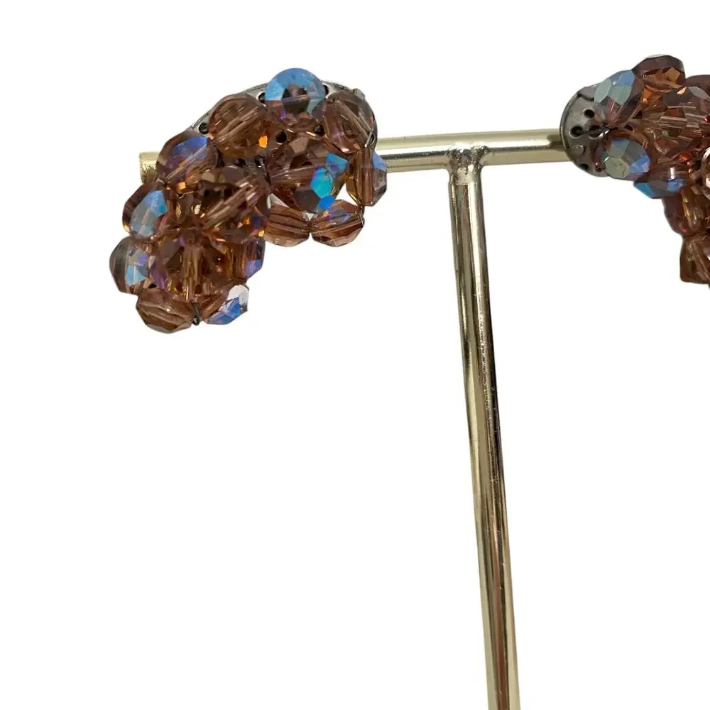 Smoky Topaz Rootbeer Rhinestone Bead Brass Cap Kidney Shape Clip On Earrings